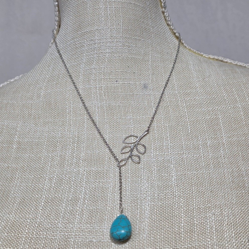 Silver‎ Tone Leaf Lariat Necklace with Turquoise Teardrop Pendant Delicate